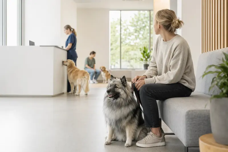 Ein Keeshond sitzt ruhig neben seinem Besitzer im hellen Wartezimmer einer Tierarztpraxis.